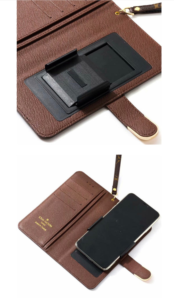 LV Wallet Flip Phone Case, Brown Leather